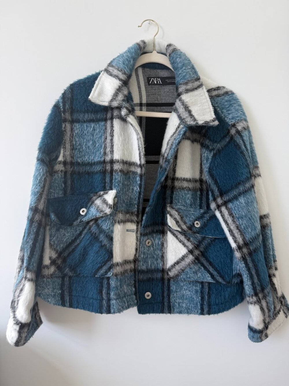 ZARA Blue Plaid Cropped Cozy Jacket [Size M]